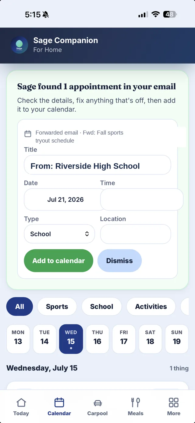 Sage for Home Calendar — an appointment captured from a forwarded email