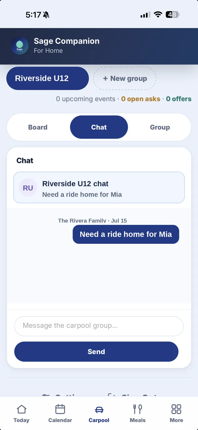 Sage for Home Carpool — ride asks, offers and a group chat