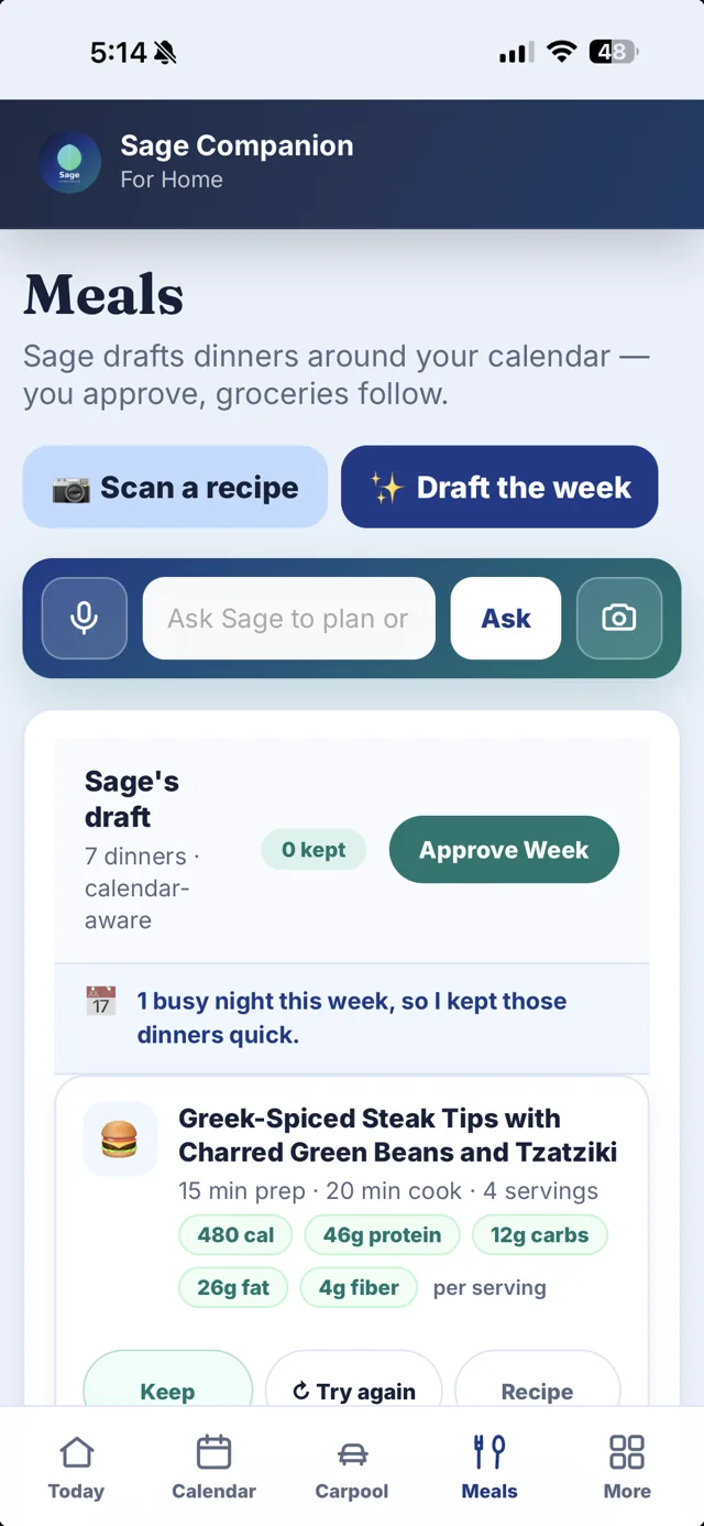 Sage for Home Meals — a week of dinners drafted around your calendar