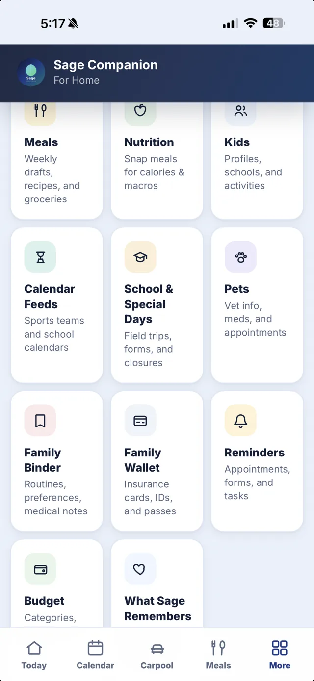 Sage for Home More — every family tool grouped in one place