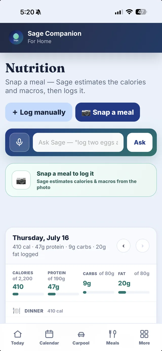 Sage for Home Nutrition — snap a meal and log calories and macros